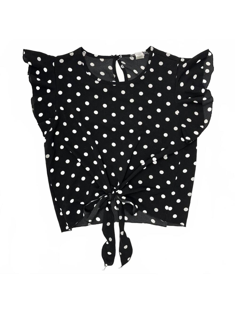 VTG USA Suzy Shier Black White Polka Dot Tie Front Top Flutter Short Sleeves L